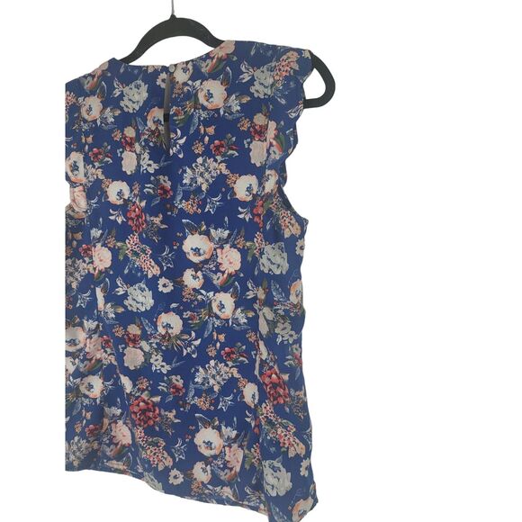 41 Hawthorne Scalloped Cap Sleeve Blouse M Womens Blue Floral V Neck Key Hole - Picture 8 of 10